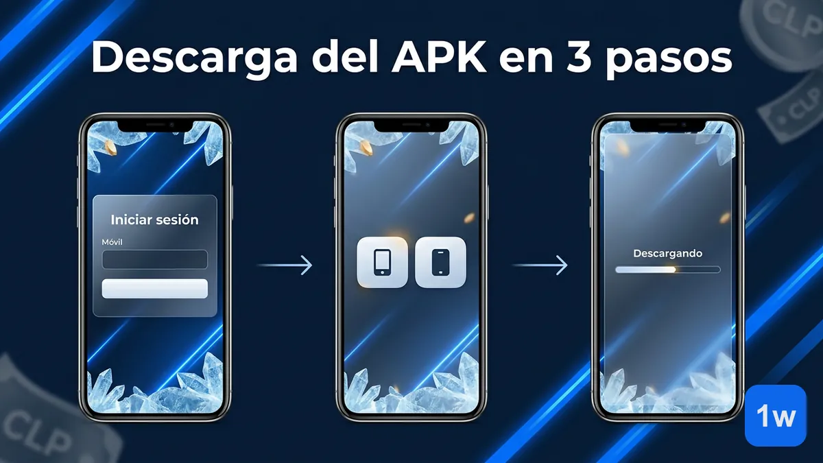 Tres pantallas del teléfono mostrando los pasos para descargar el APK de 1win en Chile